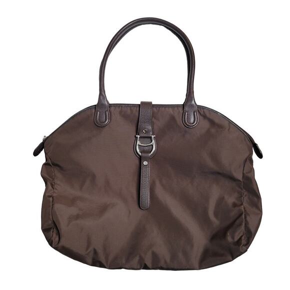 Aigner purse dark brown cloth nylon leather tote bag flap satchel travel Munich